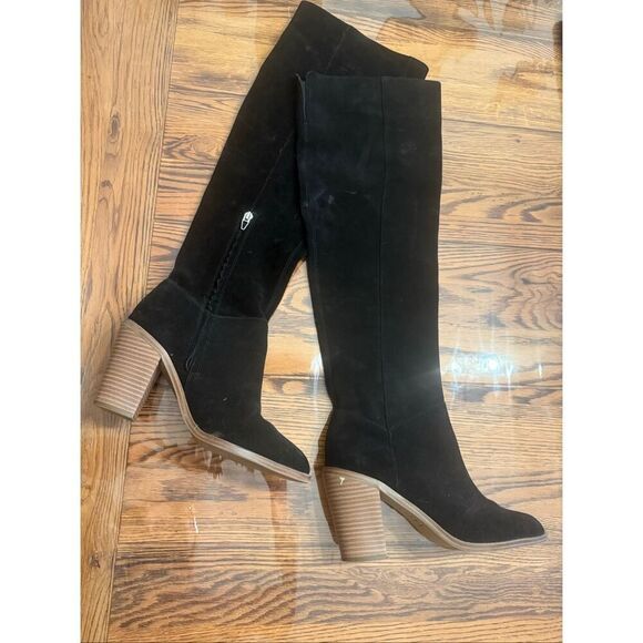 bp Shoes - BP Black Lea Leather Over Knee High Chunky Blocked Heeled Boots Size 8.5